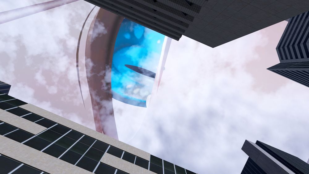 Screenshot of a 3D scene with a POV on the street between skyscrapers, looking straight up at, beyond the clouds, a husky person's blue eye with a narrow, focused pupil on the viewer below.