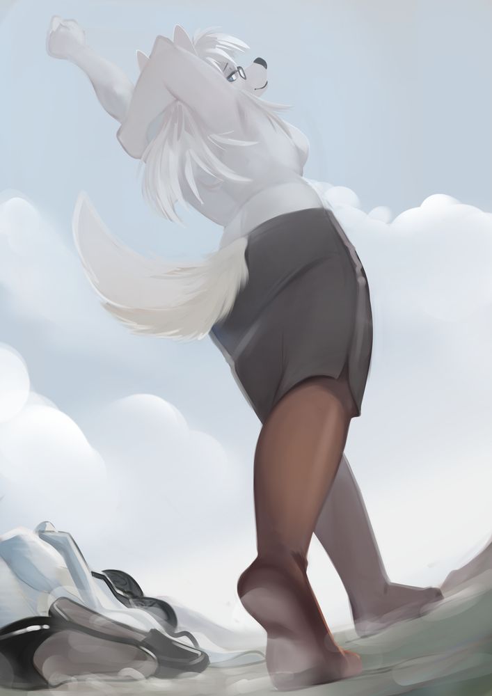 Drawing of a husky person striding through a valley, with her top and shoes discarded on a nearby mountain no higher than her knees, while fog radiates from them and the stockings on her feet