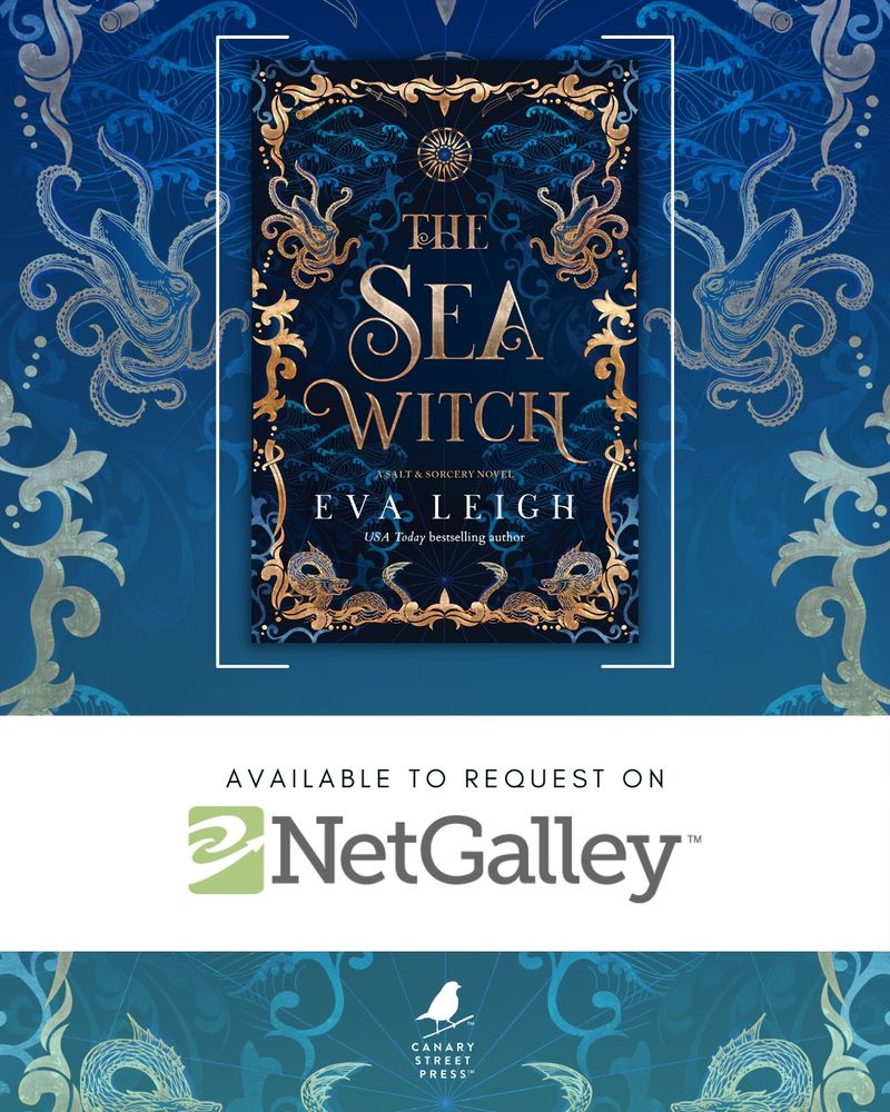 The cover for "The Sea Witch" by Eva Leigh, above the text "Available to request on NetGalley," with decorative sea-themed ornaments like sea serpents and octopods adorning the edges.