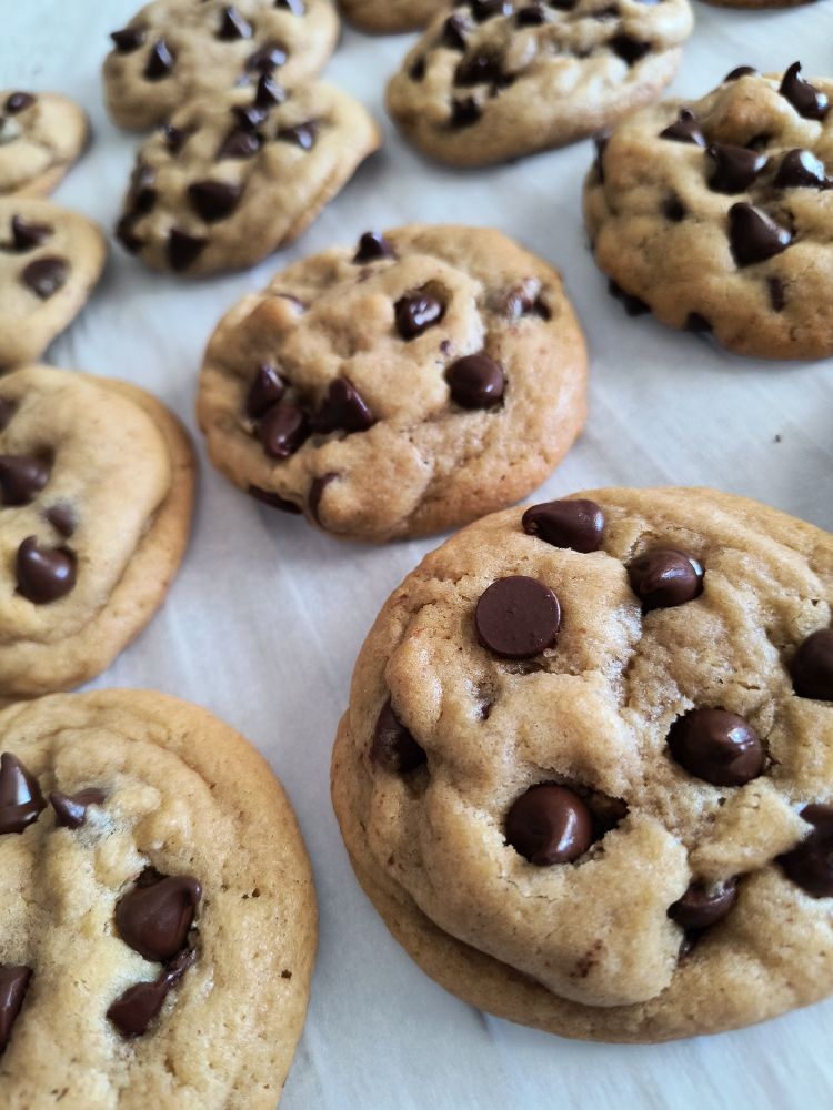 A pan of scratch-made freshly baked chocolate chip cookies. Is it time to eat them???