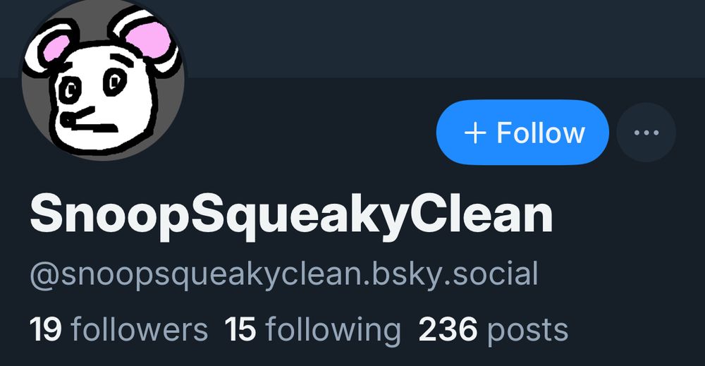 A screenshot of a person's Bluesky alt account: 

SnoopSqueakyClean
@snoopsqueakyclean.bsky.social
