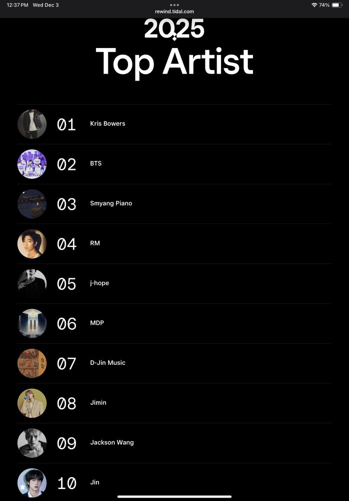 A screenshot of my top 10 Tidal streaming artists for 2025:

01 Kris Bowers
02 BTS
03 Smyang Piano
04 RM
05 j-hope
06 MDP
07 D-Jin Music
08 Jimin
09 Jackson Wang
10 Jin