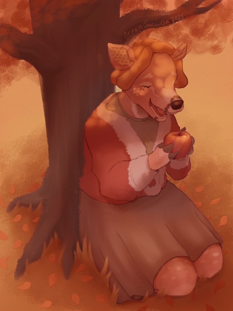 A digital illustration of an anthropomorphic deer character. She's sitting at the base of a tree, about to bite into a red apple.