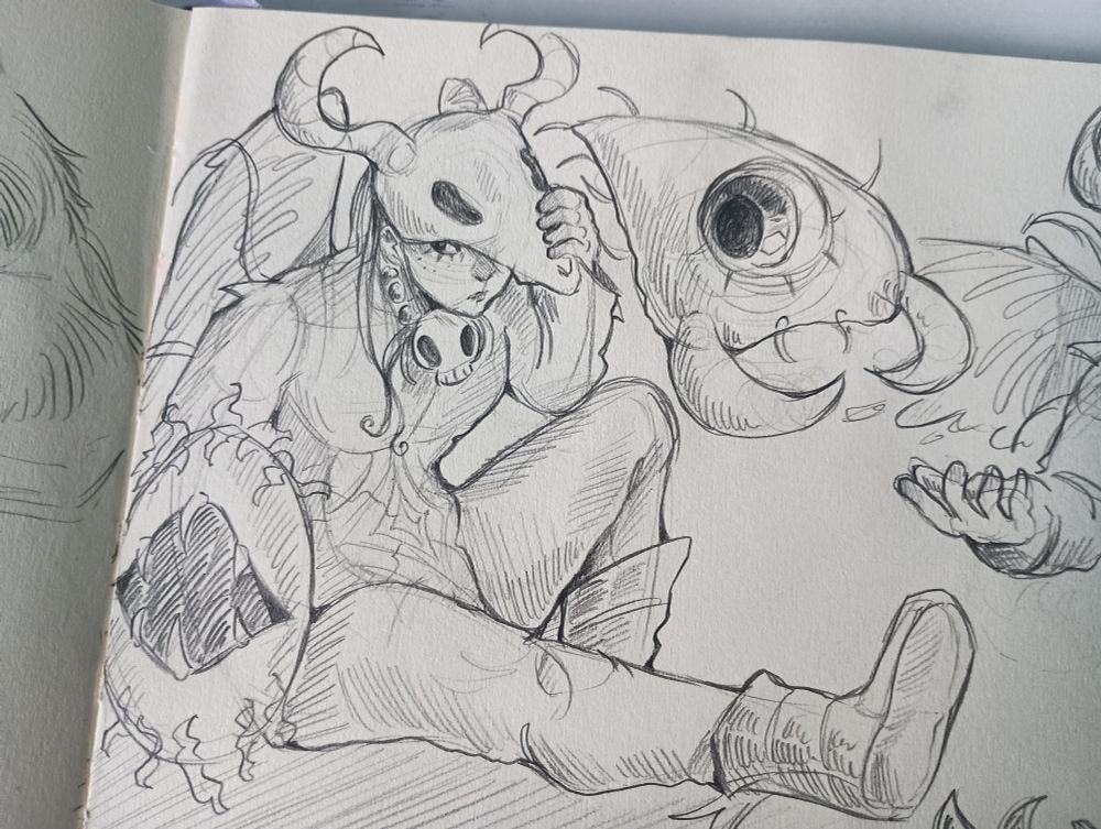 A pencil sketch of a Terraria character wearing a deer skull.