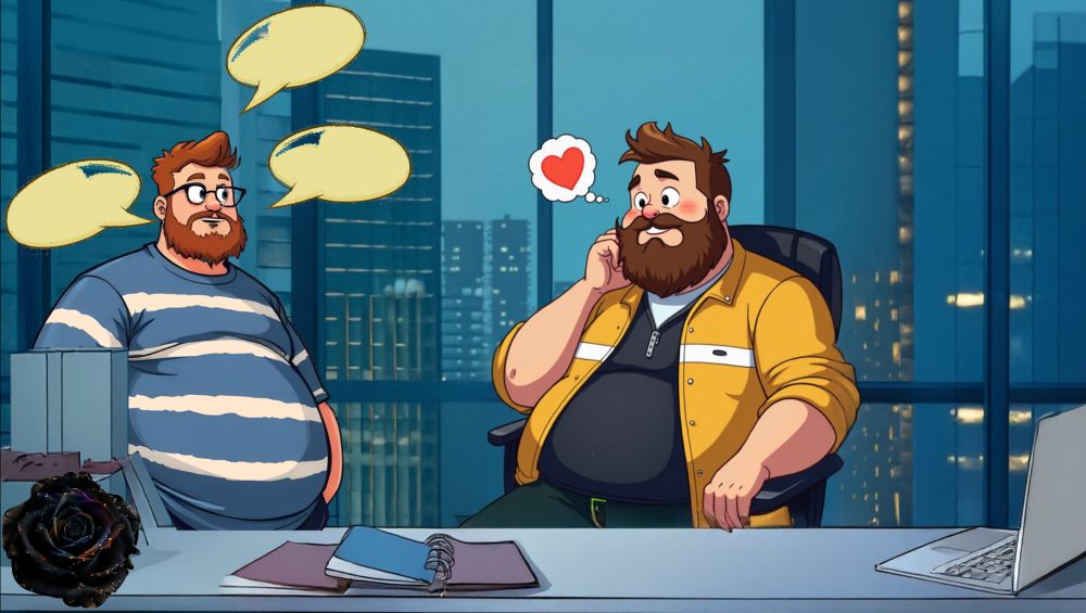 One couple of the book DNA the Protective Rose, Reita (redhead) and Ewerton (brown beard). They're cheating, Reita talk a lot and feels happy to have Ewerton around, and Ewerton just can't pay attencion what the ginger chubby guy's saying, too distracted by Reita. 