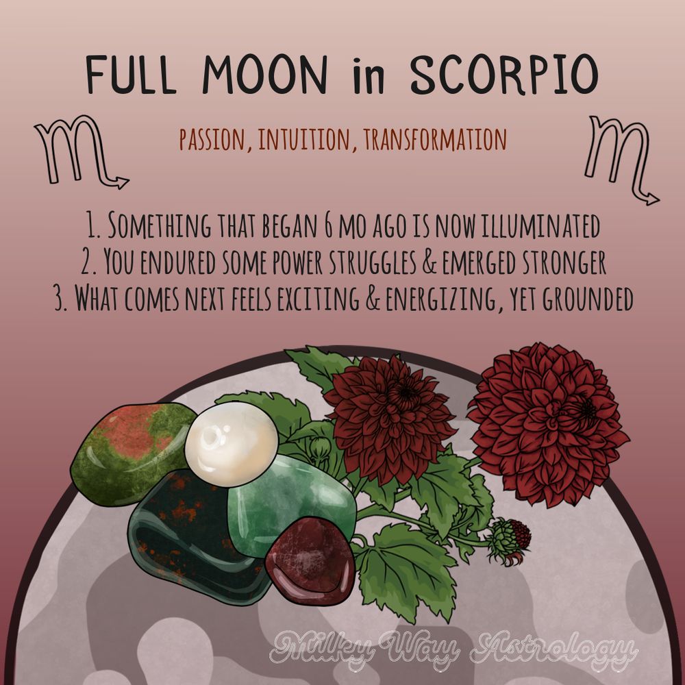 Image of a full moon over a pale red background, with Scorpio glyphs, red dahlias, and crystals: unakite, pearl, jade, garnet, and bloodstone. Text reads "Full Moon in Scorpio: passion, intuition, transformation. 1. something that began 6 mo ago is now illuminated 2. you endured some power struggles & emerged stronger 3. what comes next feels exciting & energizing, yet grounded"