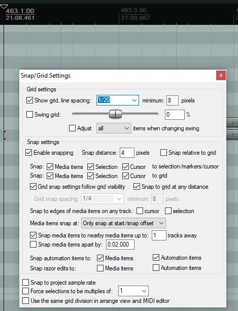 Reaper snap/grid settings menu. Looks weird cuz this is a measure of 6/8, so the quintuplet crosses an 8th note boundary