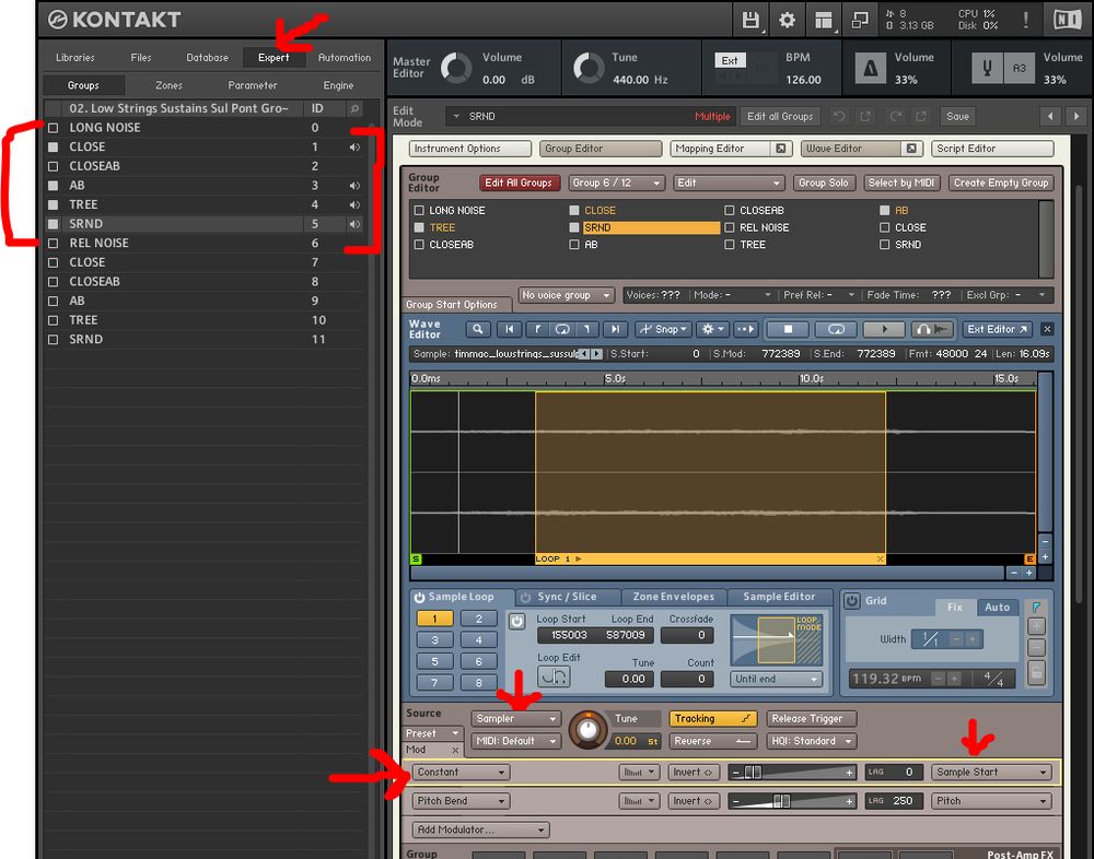 Kontakt Screenshot, but here's a more detailed tutorial:

(you will need the FULL version of Kontakt for this, not the free ones)

1) Go to Group Editor, hold down a note, and figure out what groups are actually triggering when you PLAY a note; often there's Release-triggered groups for when you let go of a note... you don't wanna touch those

2) In the Expert tab at the left of the Kontakt UI, you can select the groups you want. There'll be a speaker icon next to whatever's making sound

3) Now set these groups to Sampler in the Source section. This allows Kontakt to seek later within the sample when triggering notes

4) Add a Constant modulator within that Source section, and set it to Sample Start. You'll probably want a fairly low % value in the slider for orchestral libraries, like 3% or lower

5) You might have to adjust the Attack time to be *higher* now, down in the Modulation section in the Volume envelope, in order to compensate (in case this causes sound to just pop in). Try setting the Curve to a positive number for a legato attack

6) Lastly, you can get a bit fancy with this via extra modulations! For instance, in addition to the Constant modulator on SampleStart, you can try adding a Velocity modulator instead, so that the harder you press a note, the further in the sample starts (ie. bypassing more attack time). You can even add a Velocity modulator to the Volume envelope down in the Modulation section, and invert it so that there's less attack time the harder you press!

7) MAJOR CAVEAT: Several sample libraries these days have complex scripts that defeat Kontakt's internal velocity, controller, and note mapping, making it impossible to edit certain things. Unfortunately you'll just have to experiment to see which libraries let you do what.

Always save backups / never overwrite the default patches - you never know what slight adjustments might royally screw up a patch unexpectedly.  :-(
