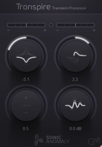 Screenshot of the free Sonic Anomaly "Transpire" Transient Processor VST, turning down the attack (transient) and increasing sustain