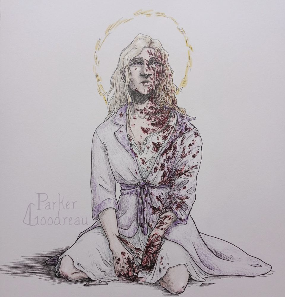 [image: a drawing (mostly pen and colored pencil) of a character from THE SPIRIT BARES ITS TEETH by Andrew Joseph White, showing a kneeling teenager, liberally splattered with blood, holding a shard of glass in one hand and an eyeball in the other.]