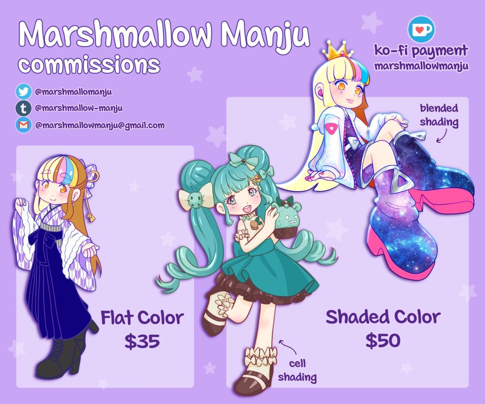 Menu for Marshmallow Manju’s commissions. 
Flat colors $35, 
Shaded color $50