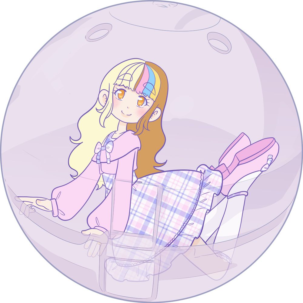 Vocaloid galaco in a pink and purple plaid skirt and sweater, lounging in a capsule toy ball.