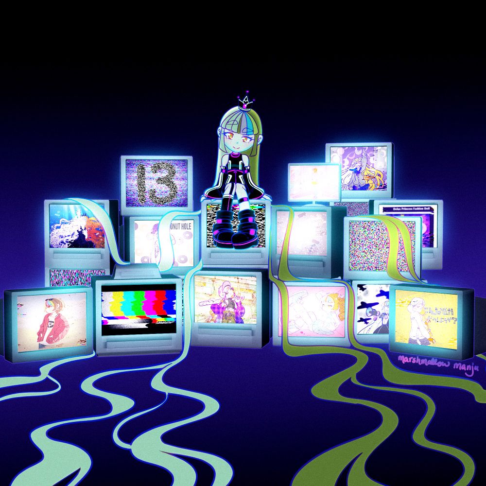 Vocaloid Galaco sitting on many tv screens showing various versions of her in cover songs and static