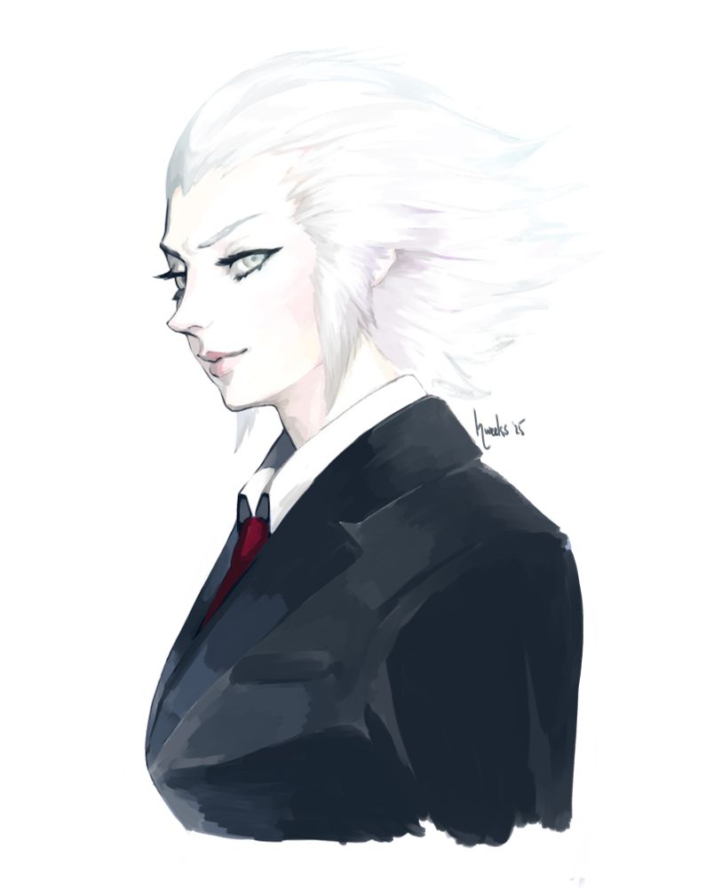side bust of a pale woman with white hair in a black suit and red tie.