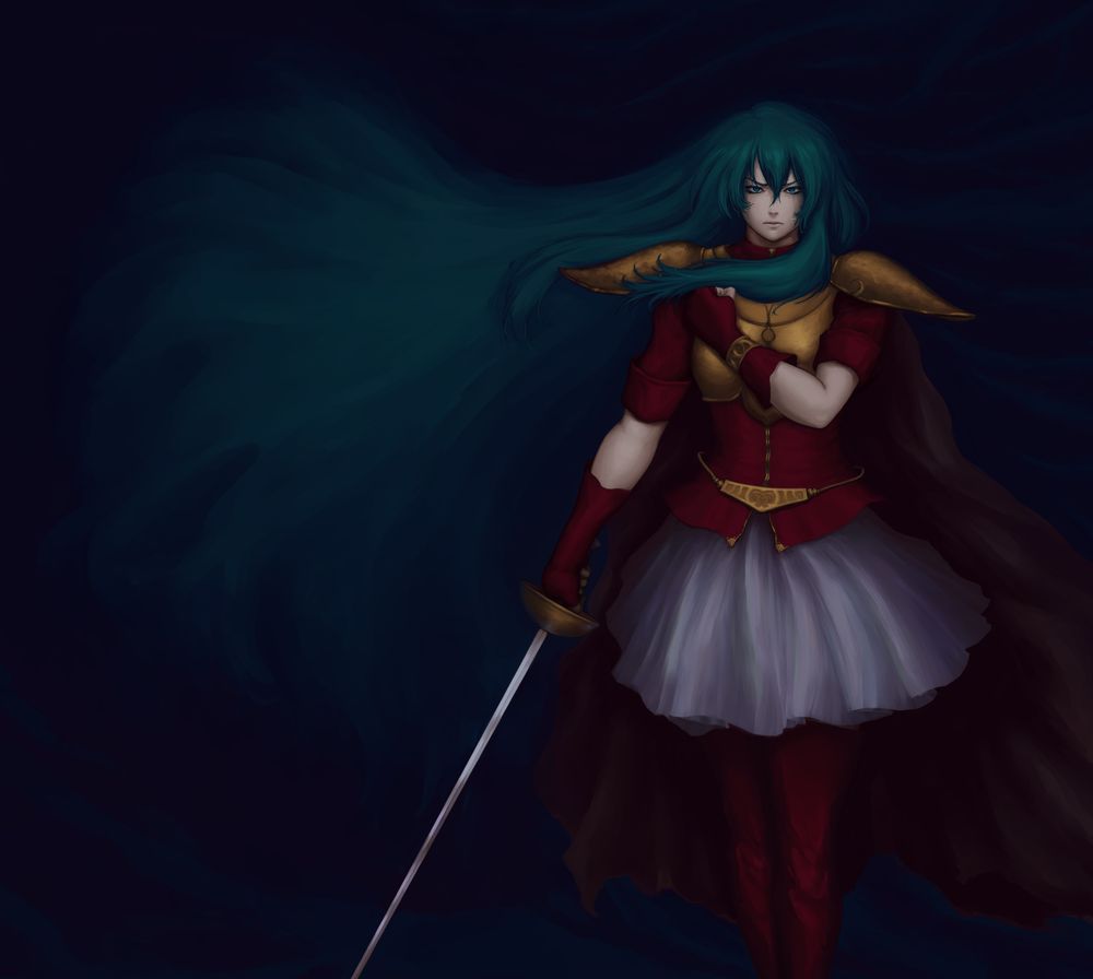 dim painting of a woman wearing mostly red, a white glossy skirt and gold chest armor, long turquoise hair that blends into the background, wielding a rapier and shedding a tear