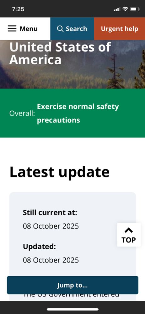 Screenshot from smartraveller website showing USA categorised as green: “exercise normal safety precautions”