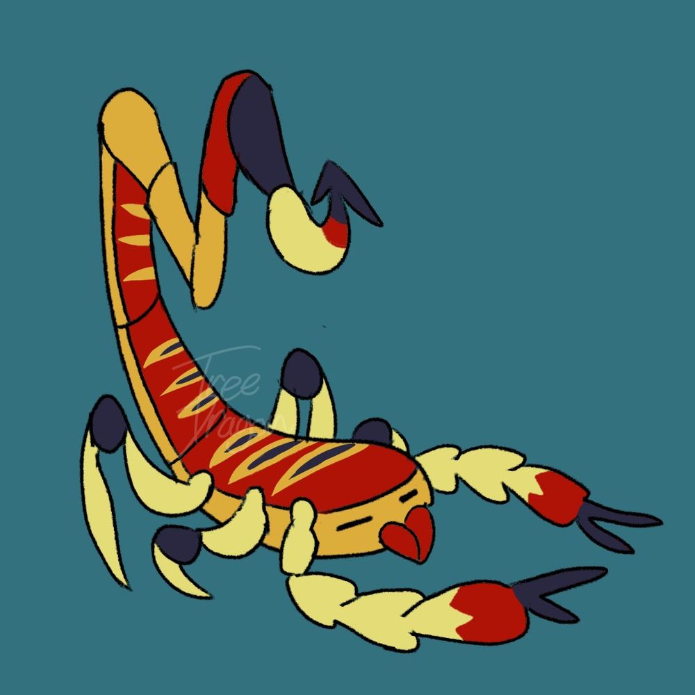 A scorpion fakemon with flat line eyes, red mandibles and back plates, black pincers, knees, and tail tip and barb tip and light yellow and gold underbelly and limbs. The scorpio fakemon has three sets of three stripes two sets having black in the middle. The tail is in the shape of the symbol for Scorpio in astrology.