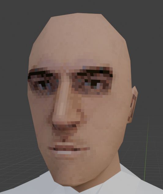 Image of a game character head using a low resolution texture to give it a "retro" feel.