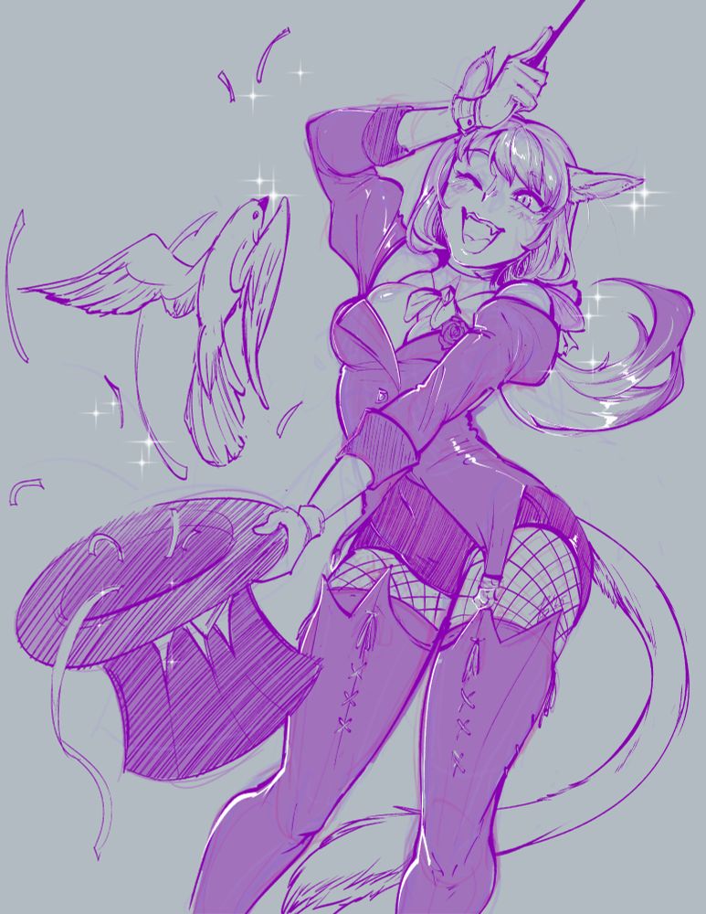 Sketch of my FFXIV character. She is a catgirl in a stage magician type fit, holding a magic wand and summoning a dove out of her hat