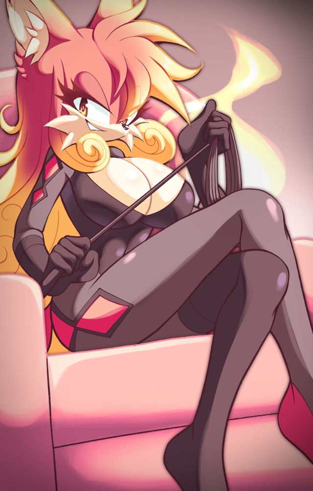Phoenix, a crimson flame fox, looking down at the viewer from her chair with a smug smile. She is wearing a tight bodysuit that shows a lot of cleavage and is holding a whip in her hands.