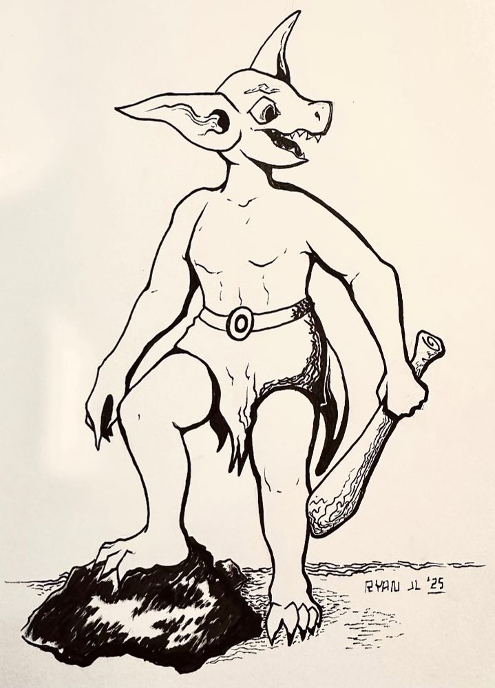 Ink drawing of a goblin holding a club with one foot up on a rock.