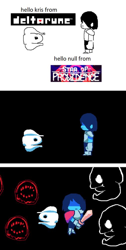 drawing of a meme based on Null from Star of Providence and Kris from Deltarune, where the punchline is both of them deal with monochrome scary creatures in the dark