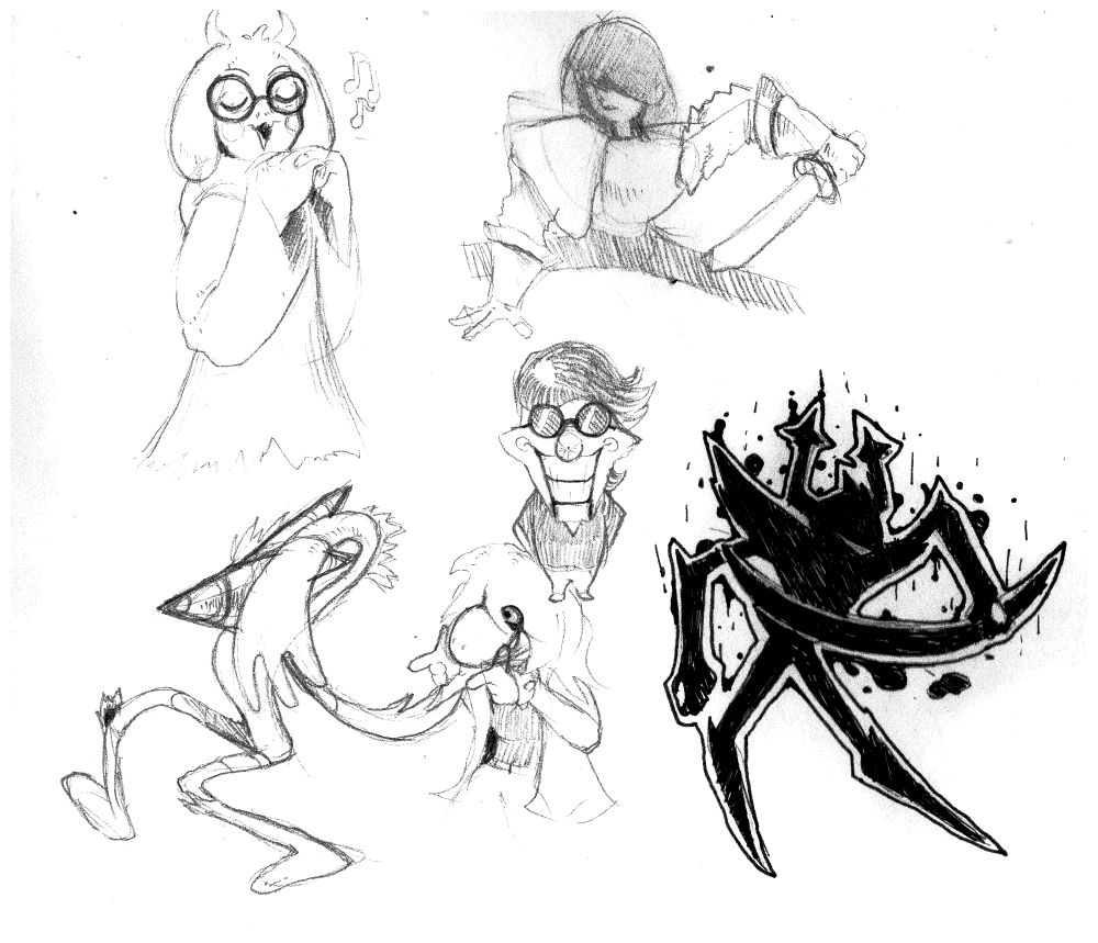paper sketches of various characters from Deltarune