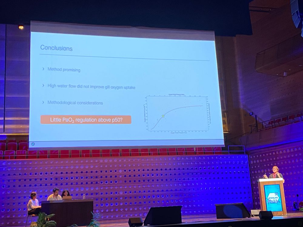 A scientist showing his concluding slide on a big stage. The slide reads: 

Conclusions
> Method promising |
› High water flow did not improve gill oxygen uptake
› Methodological considerations
Little PaO, regulation above p50?