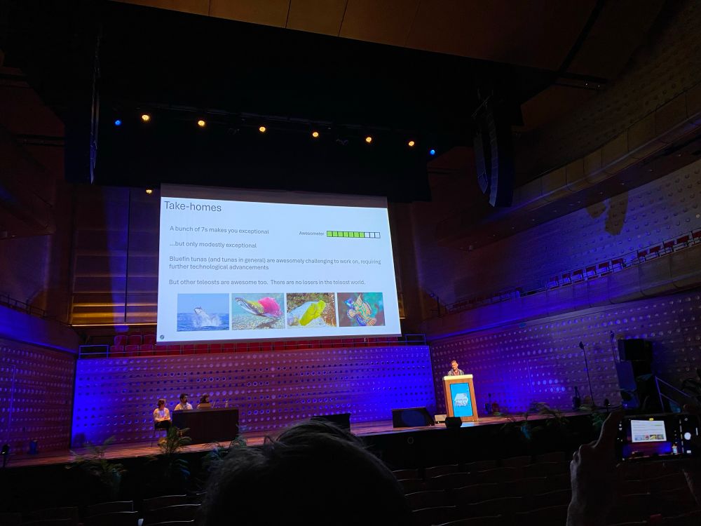 A scientist with a cool haircut shows a slide with his takeaway messages, ultimately concluding that “There are no losers in the telest world”. 
