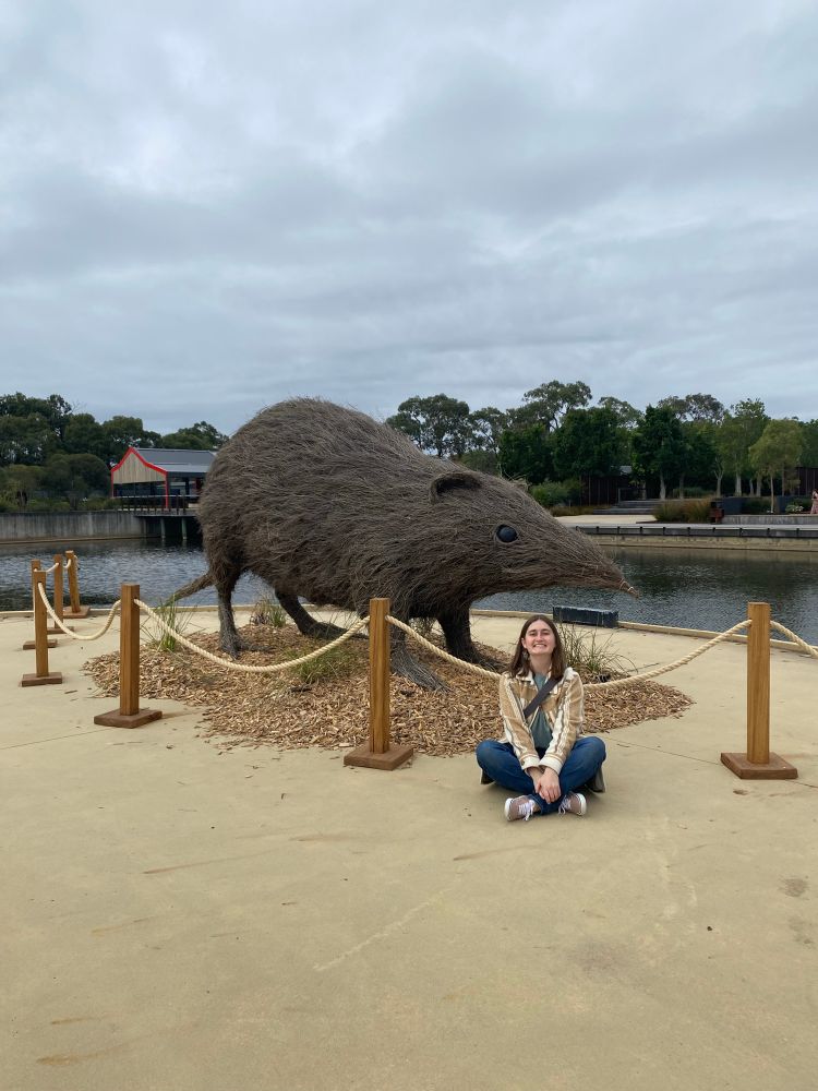 A giant bandicoot sculpture made out of twigs looms above a concrete pond. It stands on a pile of bark chips and is roped off so you can’t hug it. I am sitting very close (but outside the ropes) grinning my face off because it’s the best sculpture I’ve ever seen. 