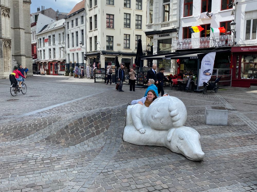 Cheesin’ with the statue of the boy and his dog sleeping near the cathedral in Antwerp
