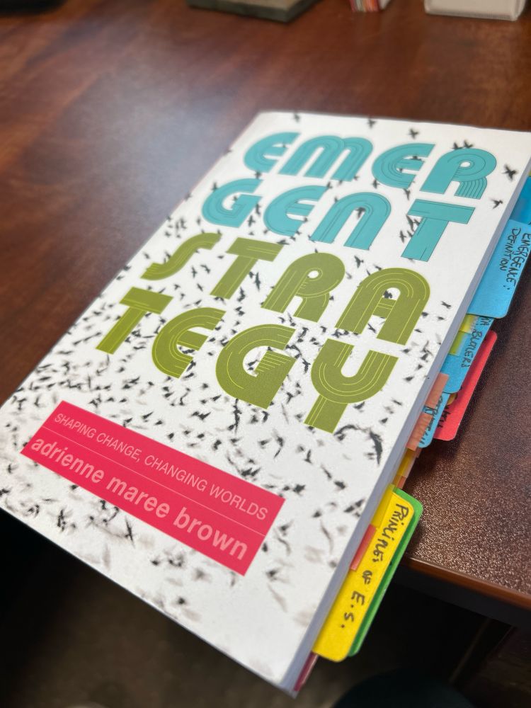 A picture of adrienne maree brown’s book “Emergent Strategy: shaping change, changing worlds”

There’s an unholy amount of multi-colored sticky tabs overflowing from the side.