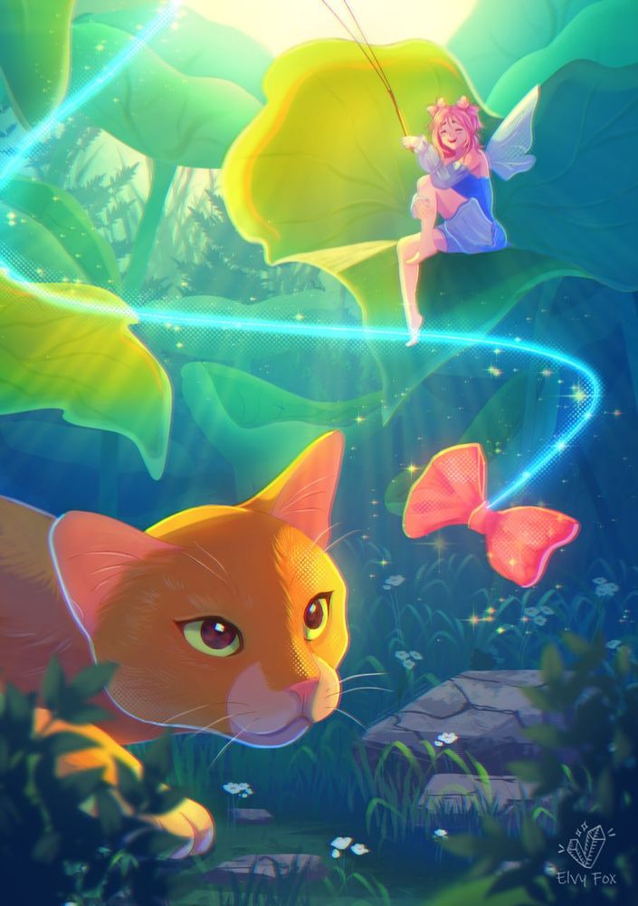 Fantasy illustration of the ginger cat and fairy playing in the garden. Fairy sits on the big leaf, hold a fishing rod with pink ribbon 🎀 