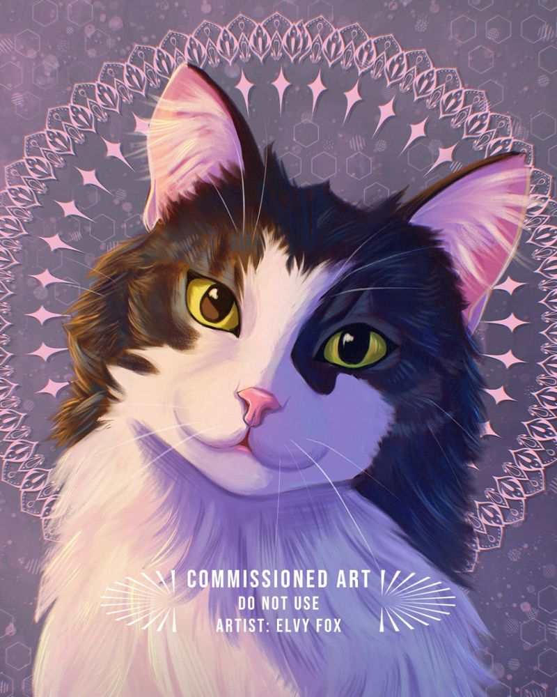 Realistic portrait of the cute cat with green eyes. Gray and pink background 