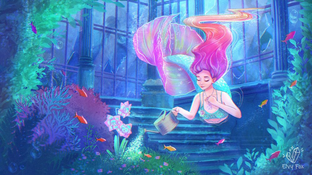A gentle mermaid with a rainbow-colored tail sits inside an underwater sunken greenhouse.
She’s watering magical flowers with a watering can, surrounded by floating fish and bubbles. Soft, colorful light filters through the glass ceiling, creating a dreamy and serene atmosphere.
