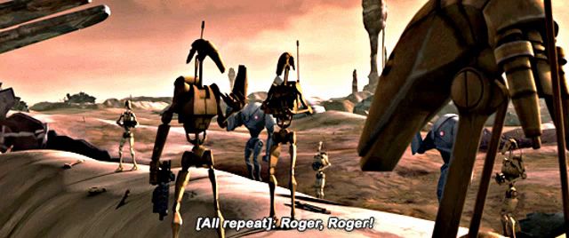 a group of robots are standing in a desert and one of them says " all repeat roger roger "