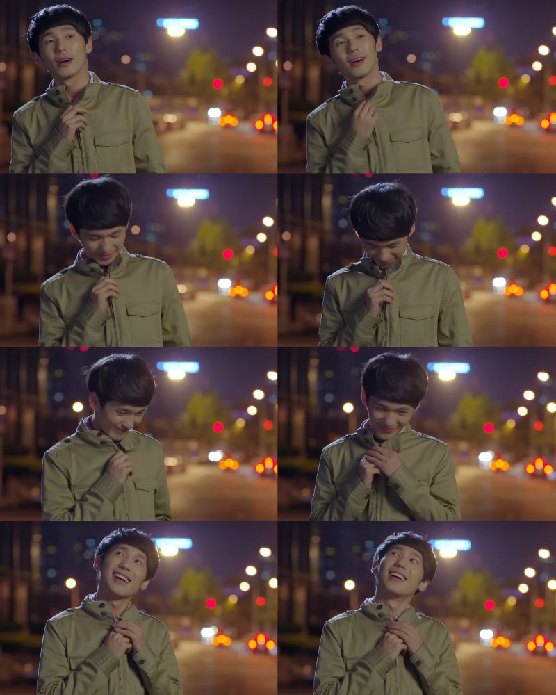 4x2 collage of screenshots from Grow Up. Xie Nanxiang stood outside holding onto his jacket zipper smiling, looking down at the zip happily and then gazing off into the sky with a big smile on his face 