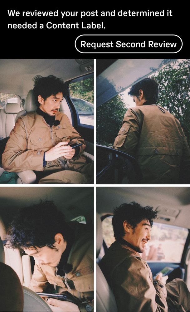 Screenshot of a tumblr post that is made up of four candid photos of Bai Yu. There is a notice at the top of the post reading: We reviewed your post and determined it needed a Content Label