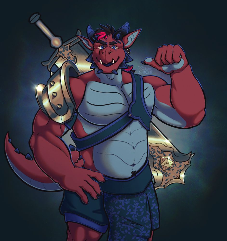 An anthro dragon paladin, smiling and posing with his big blade >:p