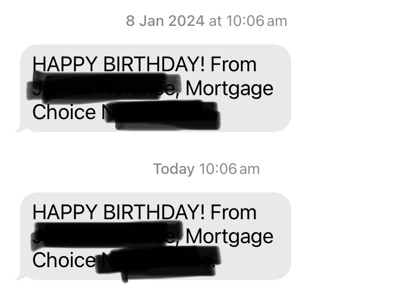 Screencap of text messages that say “happy birthday from Mortgage Choice”