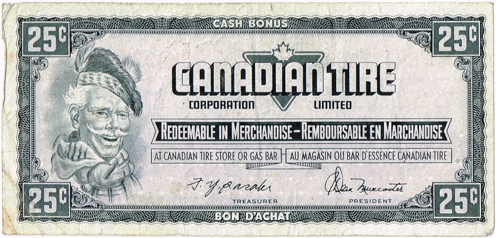 Canadian Tire faux banknote -- 25 cents "cash bonus"