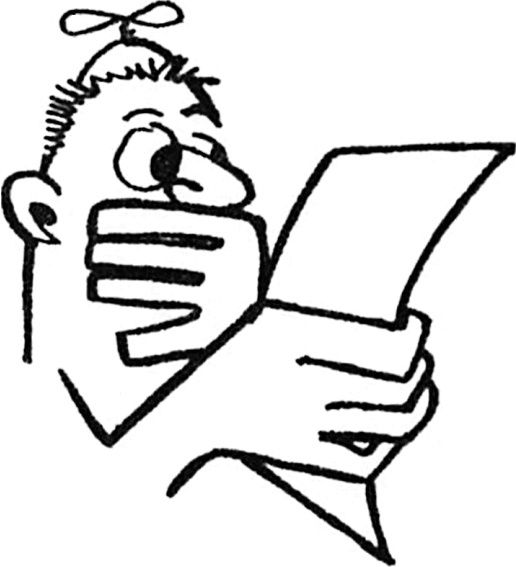 Atom cartoon of an aghast fan reading a letter or fanzine