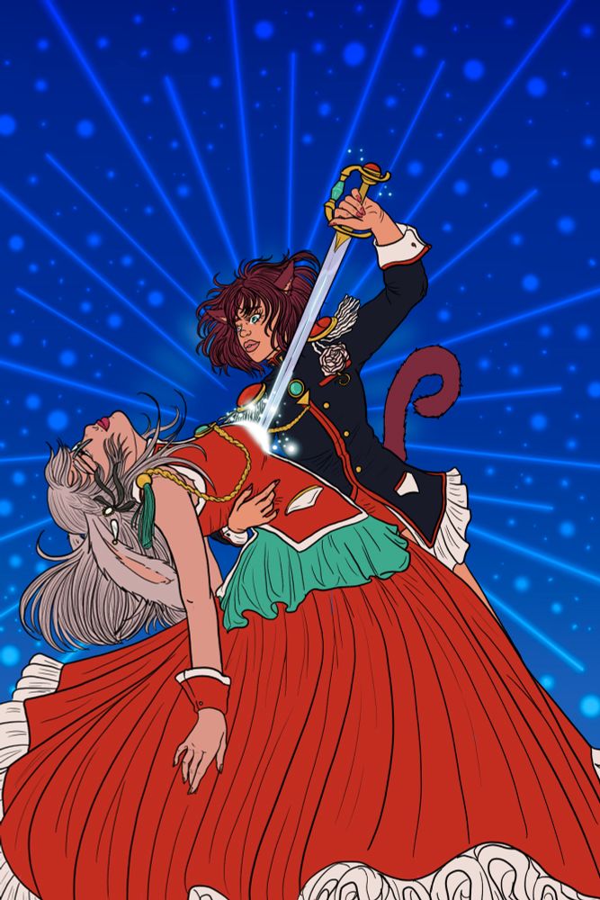 Coco (purple haired miqo’te) and Shion (white haired viera) drawn as Utena and Anthy.