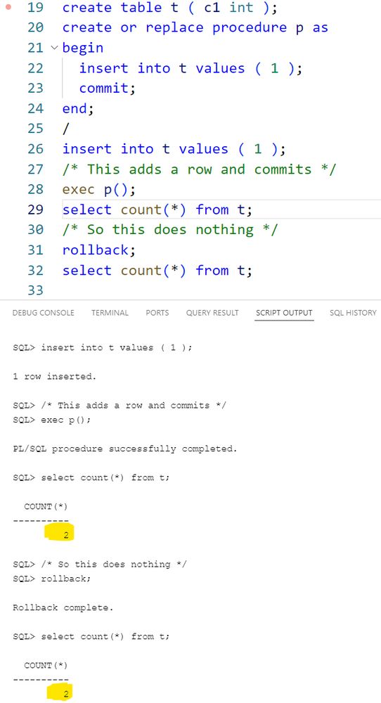 The PL/SQL procedure P contains an insert and rollback. After calling P you can't roll back work done before it.
