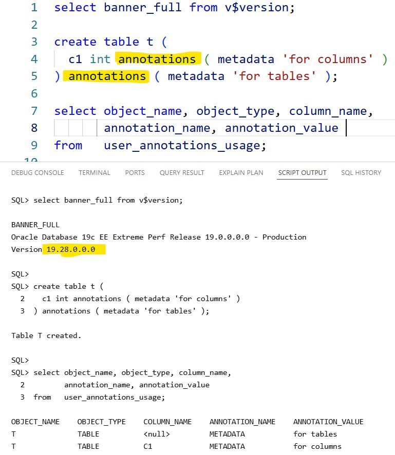 Example defining annotations on a table and column in Oracle Database 19.28