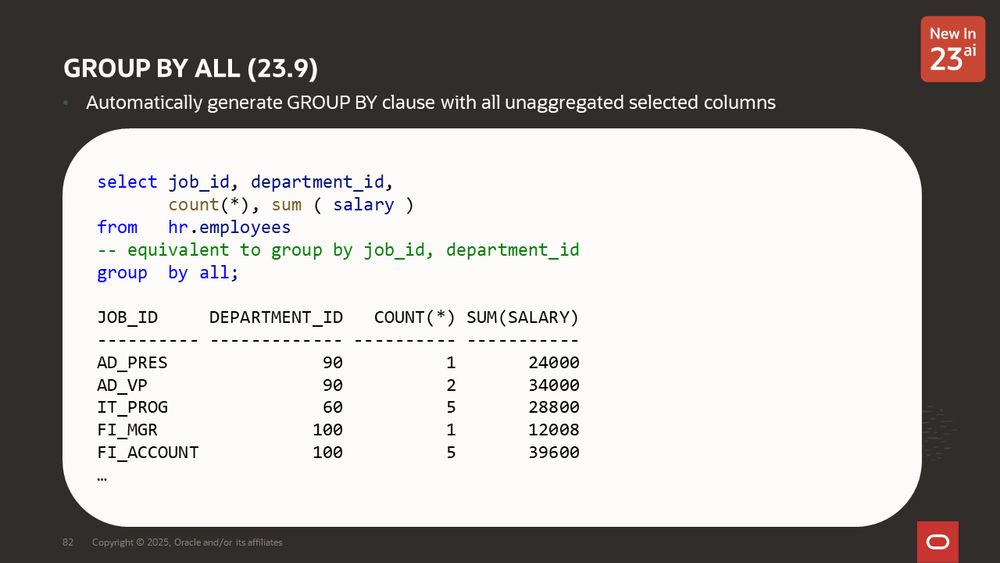 GROUP BY ALL (23.9)
Automatically generate GROUP BY clause with all unaggregated selected columns 
Example of this on the hr.employees table
