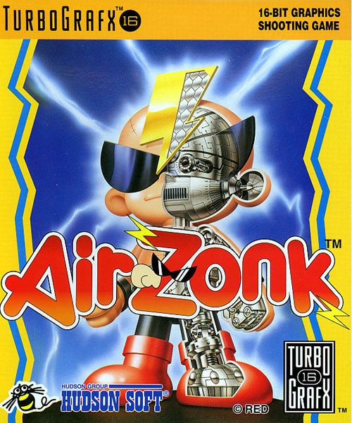 Box art for Air Zonk, a spinoff of Hudson Soft's Bonk franchise where instead of being a caveman who swings his head like a club, he's a robot similar to Astro Boy.