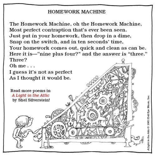 A page from Shel Silverstein's book "A Light in the Attic". The featured rhyme is titled "The Homework Machine" and it's about a big, awkward contraption powered by a small child that gives incorrect answers to math questions, like "nine plus four equals three".