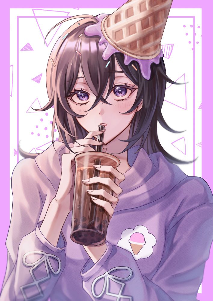 ice cream girl taking a sip from her brown sugar milk tea with tapioca pearls aka boba :) 

🎨: @parumu_O124 !! 
https://skeb.jp/@parumu_O124 
