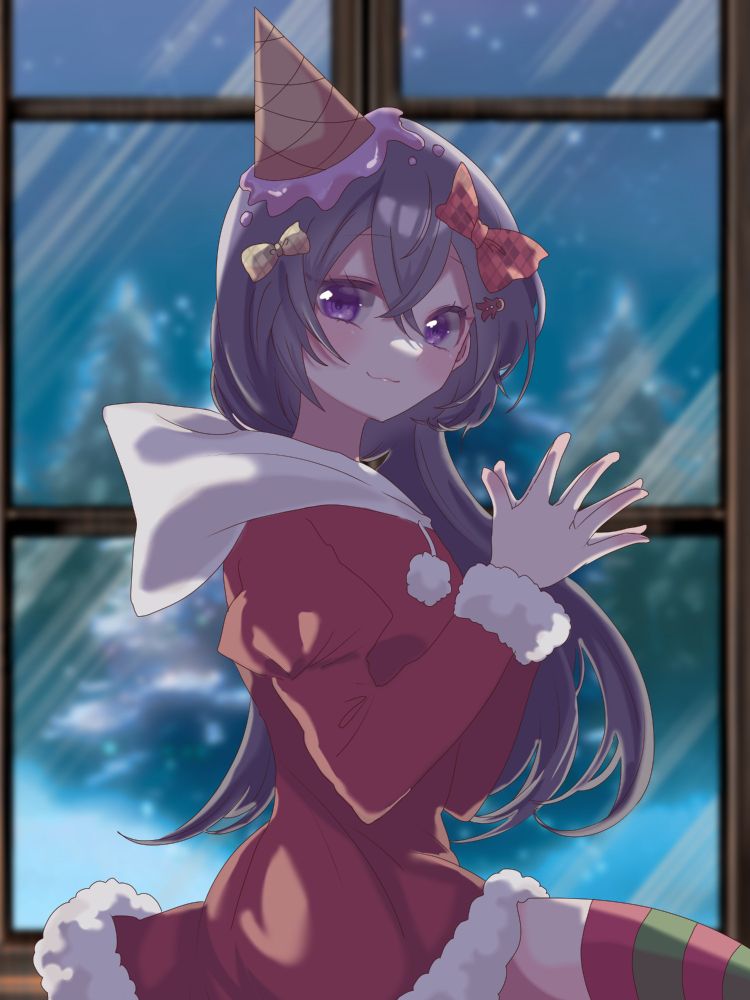 ice cream girl wearing a red santa hoodie dress with red & green stockings trying to stay warm inside a house while it snows during a christmas winter night :) 

🎨: @l_____10_____l !! 
https://skeb.jp/@l_____10_____l 